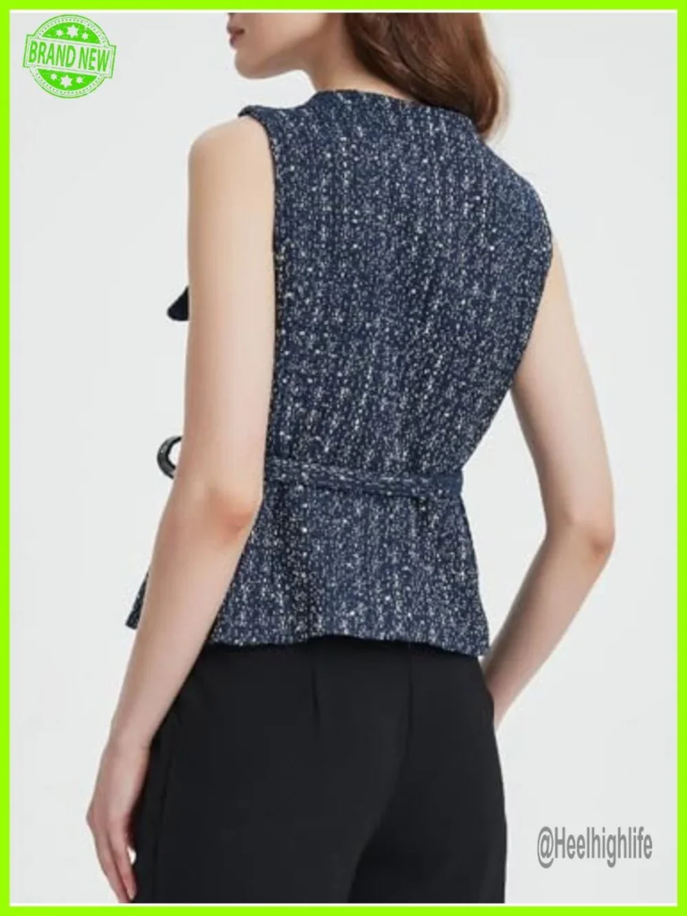 Tweed Blazer Vest Sleeveless Button Down Business Office Waistcoat With Belt
